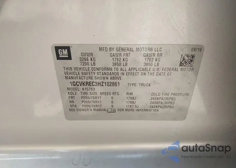 2017 Chevrolet Silverado 1500 1Lt из США, поврежденный, VIN 1GCVKREC3HZ102861